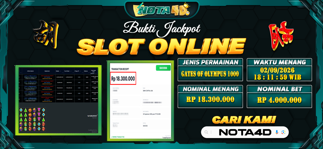 Bukti Kemenangan Besar Dibayar lunas Member NOTA4D RP 18.300.000, 2 September 2026
