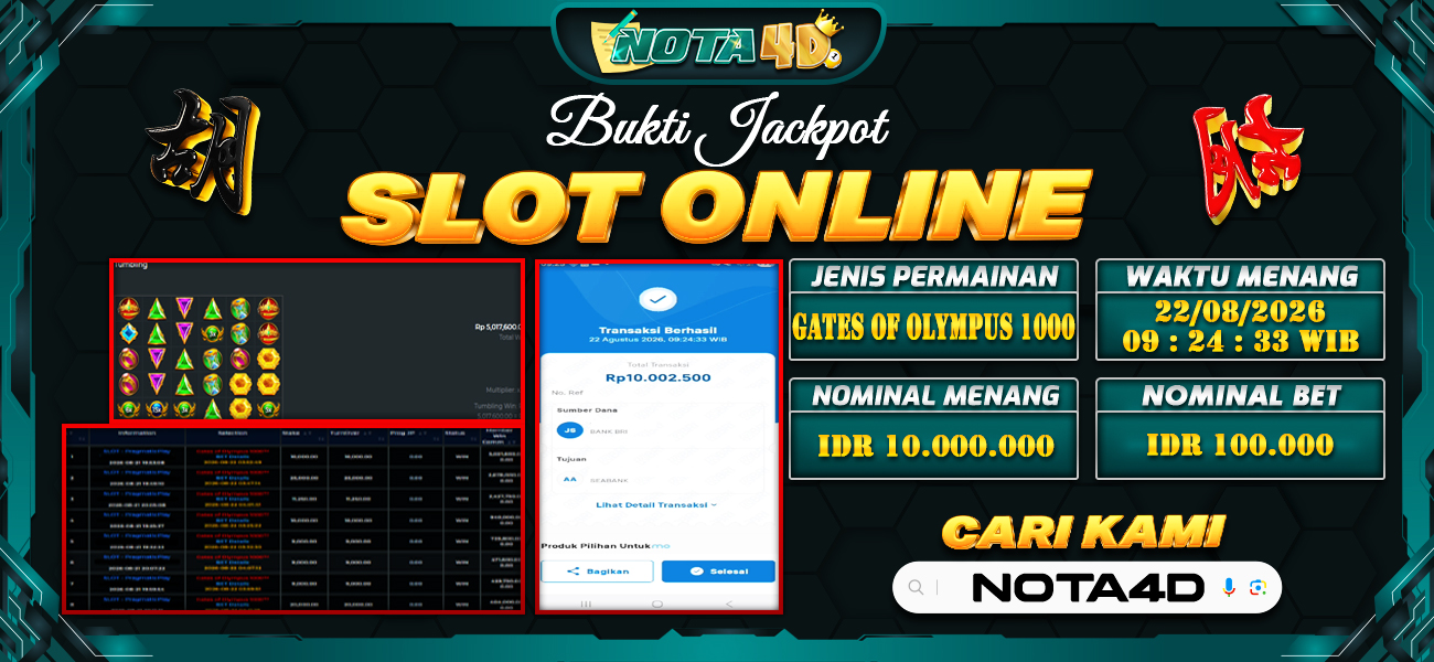 Bukti Kemenangan Besar Dibayar lunas Member NOTA4D RP 10.000.000, 22 Agustus 2026