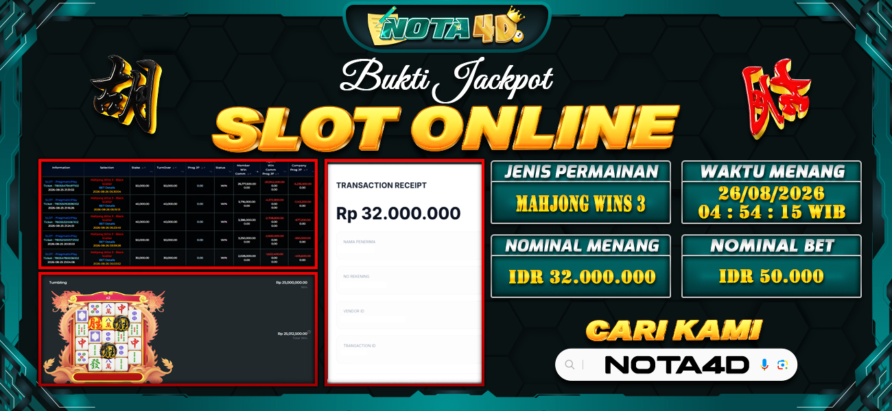 Bukti Kemenangan Besar Dibayar lunas Member NOTA4D RP 32.000.000, 25 Agustus 2026
