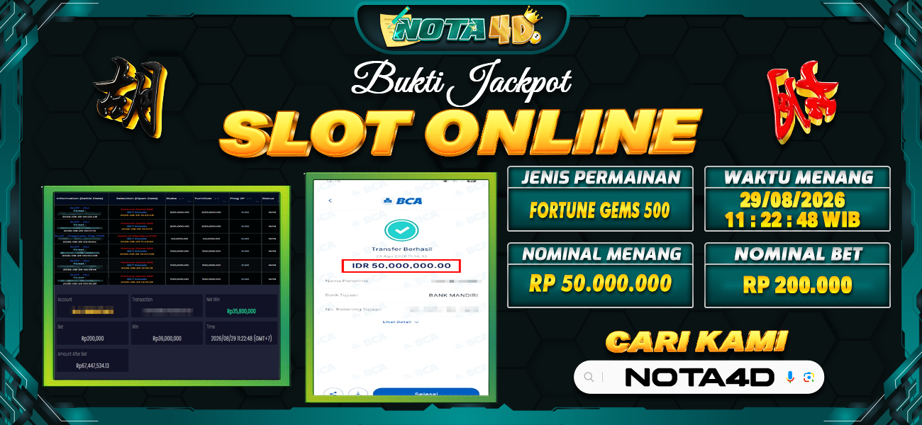 Bukti Kemenangan Besar Dibayar lunas Member NOTA4D RP 50.000.000, 29 Agustus 2026
