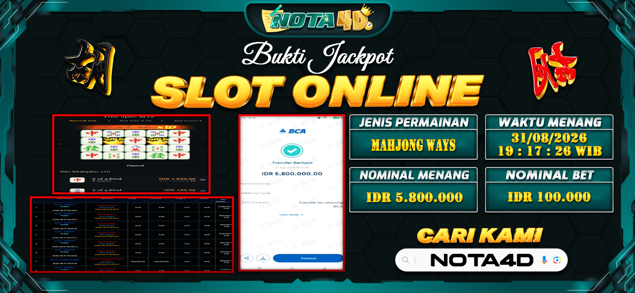 Bukti Kemenangan Besar Dibayar lunas Member NOTA4D RP 5.800.000, 31 Agustus 2026